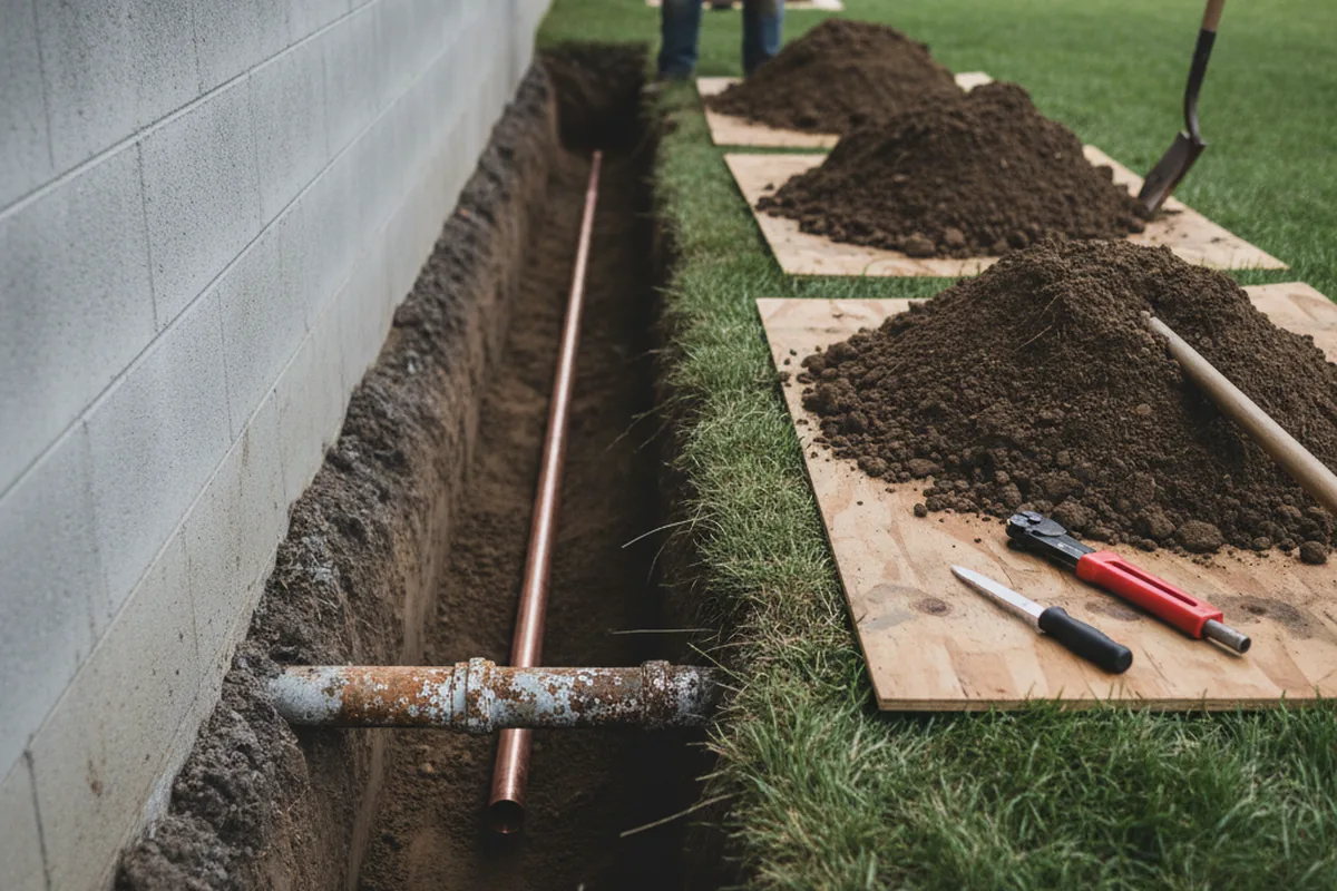 Excavated water line trench during Water Heater Repair in French Settlement